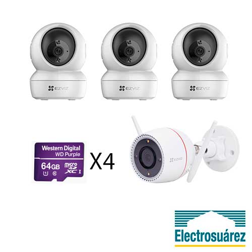Kit de 4 Cámaras de Seguridad Wifi 3 Interior y 1 exterior