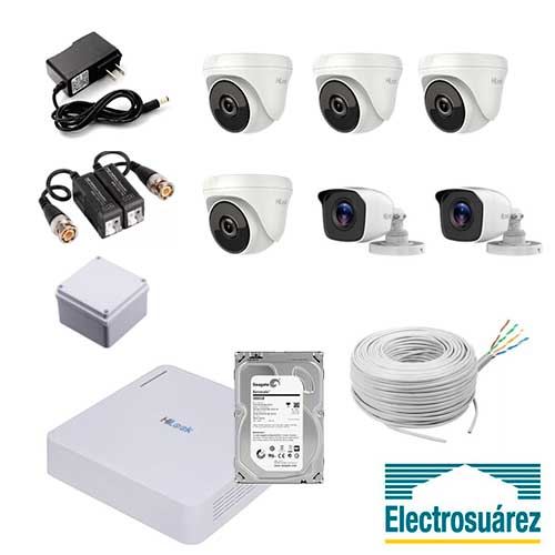 Kit de 6 Cámaras de Seguridad Hilook, 4 interior y 2 exterior